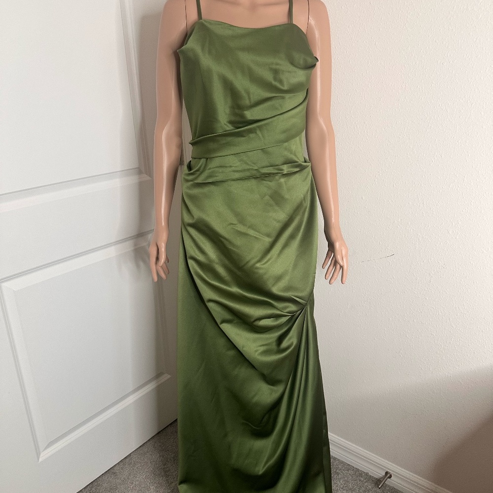 Impression Sheath cowl neck sage green silk Satin evening dress in size 14.